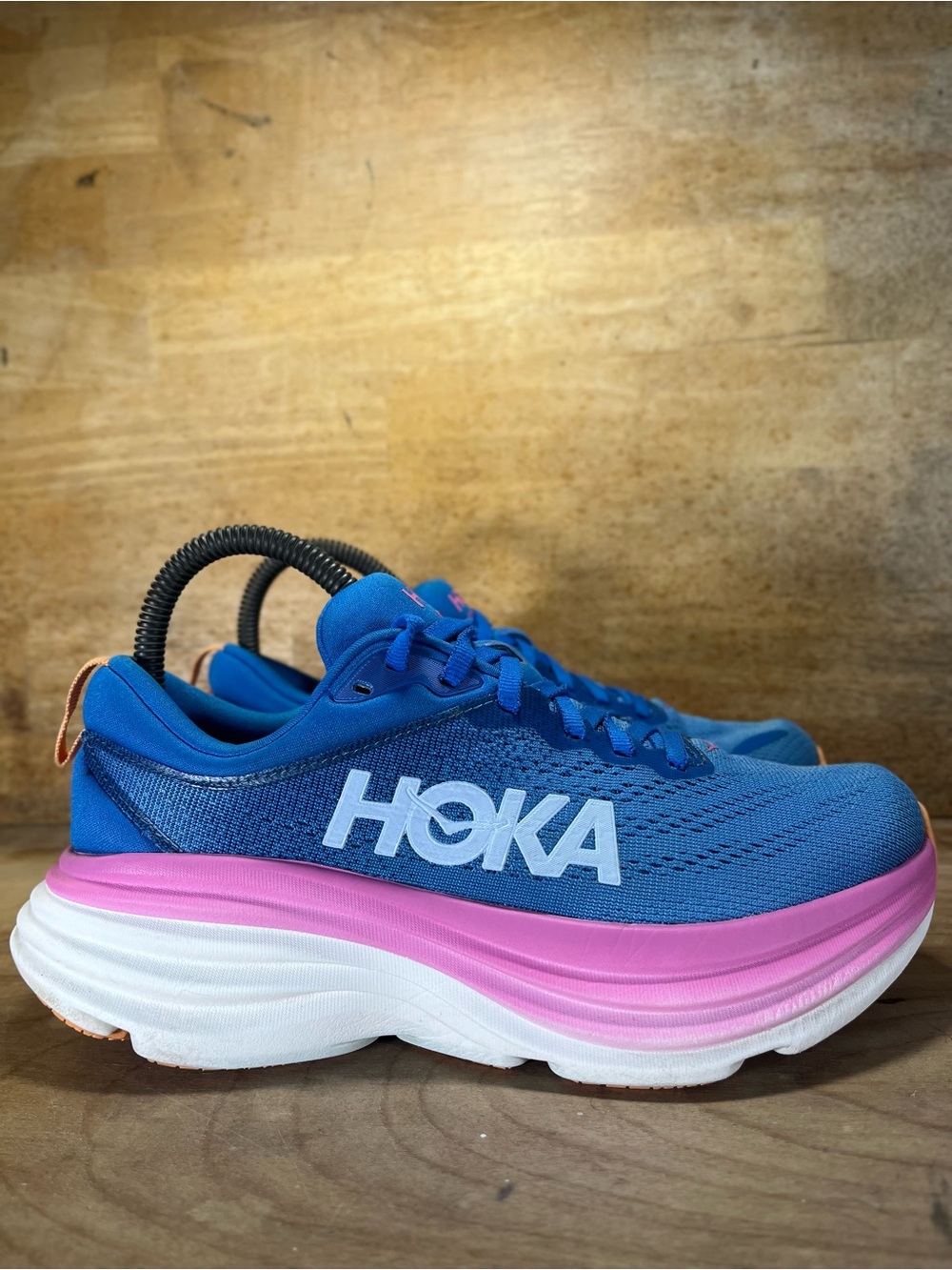 Hoka One One Bondi 8 REFLECTIVE Womens Size 6 Running Shoes Sneakers Blue Pink